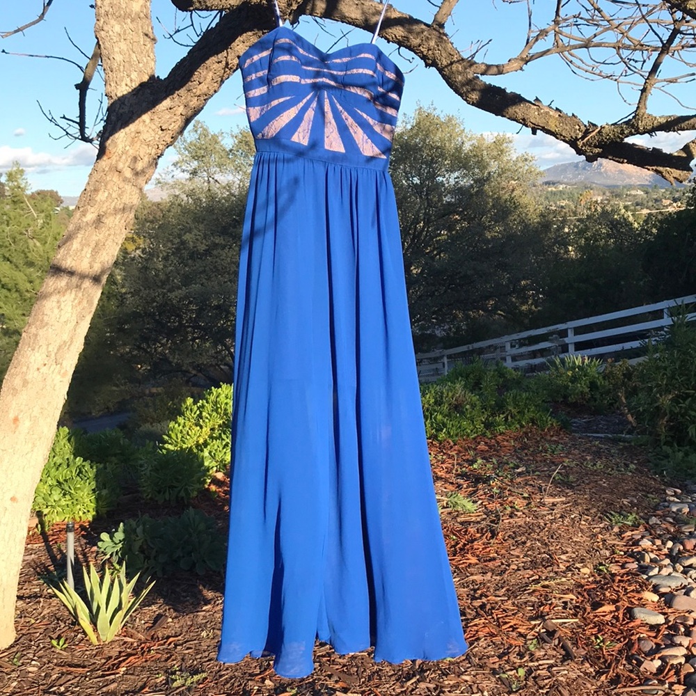 Strapless royal blue prom dress
